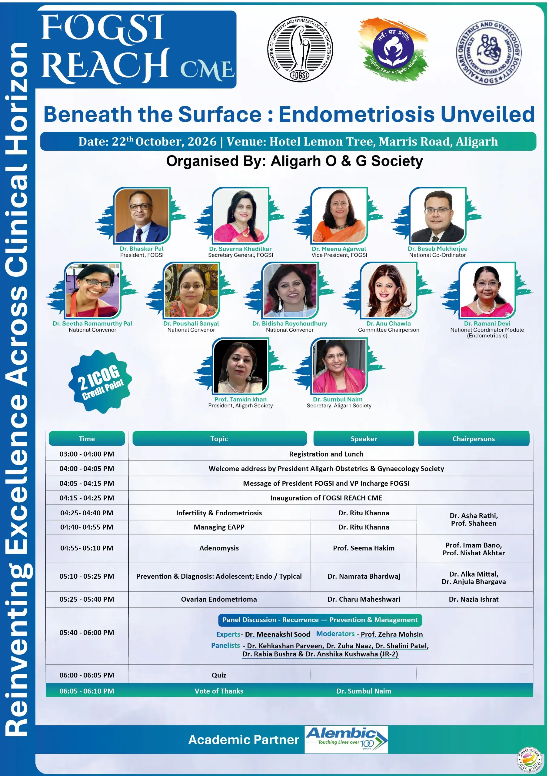 FOGSI REACH CME poster for Beneath the Surface: Endometriosis Unveiled, 22 October 2026, Hotel Lemon Tree, Aligarh